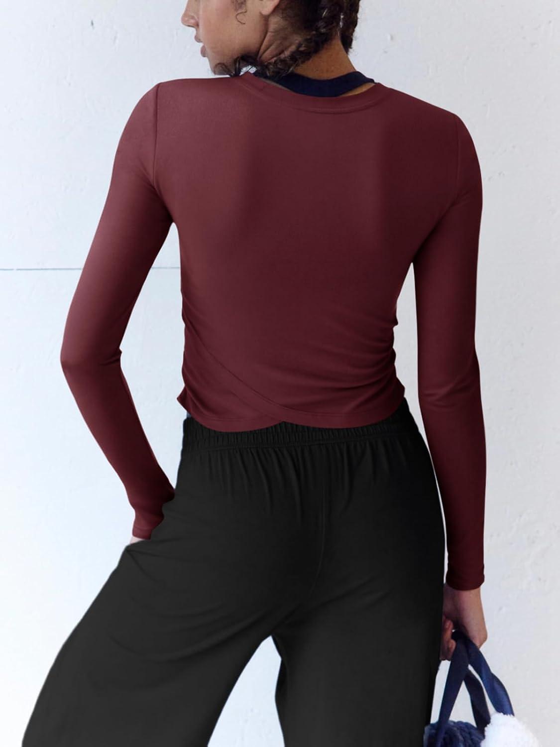imageLASLULU Womens Sexy Crossover Crop Top Long Sleeve Workout Tops Crewneck Athletic Yoga TShirts Fall OutfitsBurgundy