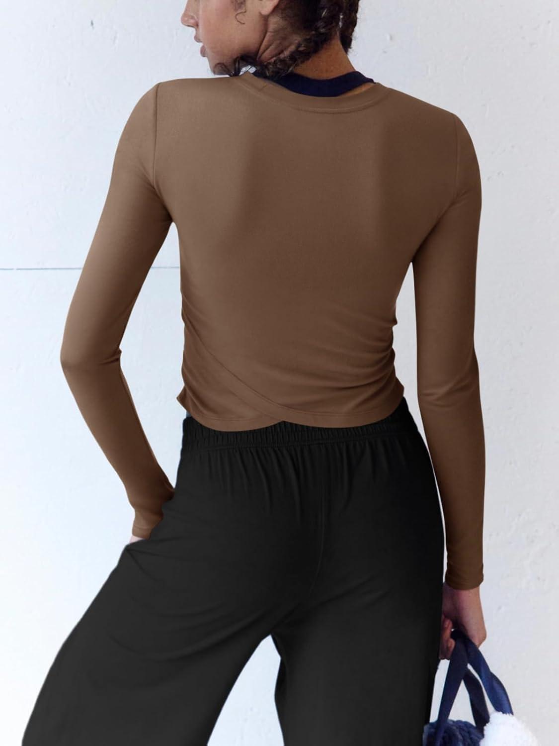 imageLASLULU Womens Sexy Crossover Crop Top Long Sleeve Workout Tops Crewneck Athletic Yoga TShirts Fall OutfitsCoffee