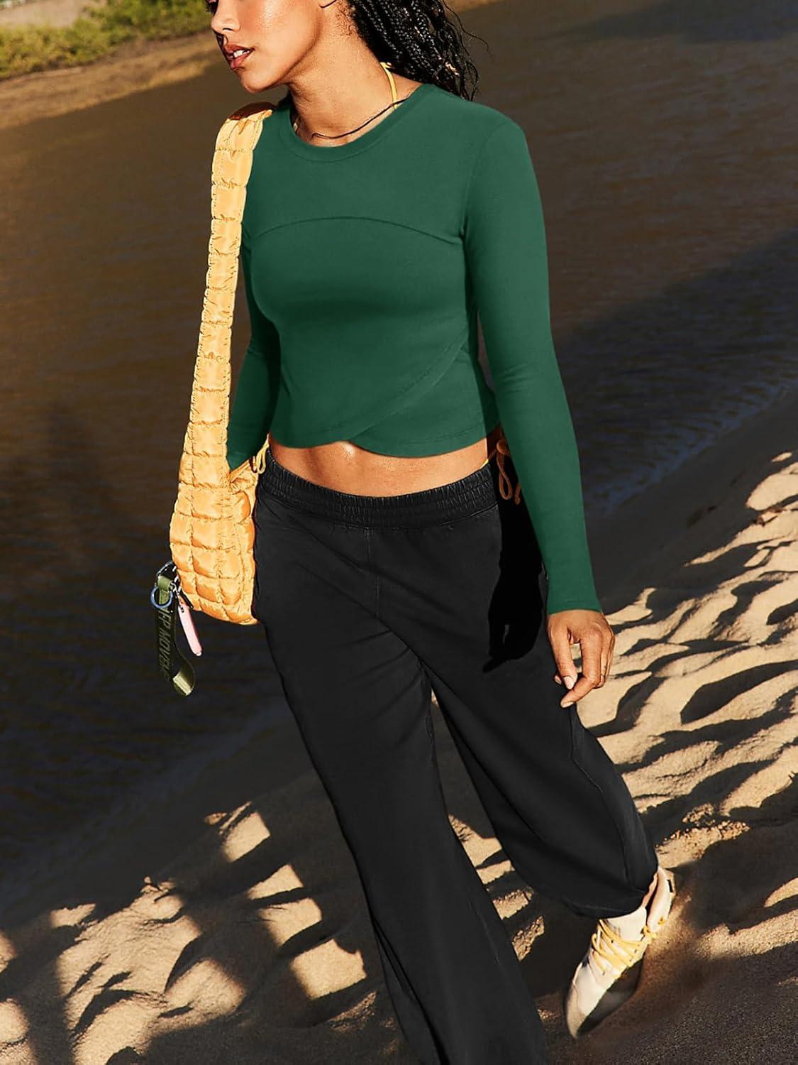imageLASLULU Womens Sexy Crossover Crop Top Long Sleeve Workout Tops Crewneck Athletic Yoga TShirts Fall OutfitsDark Green
