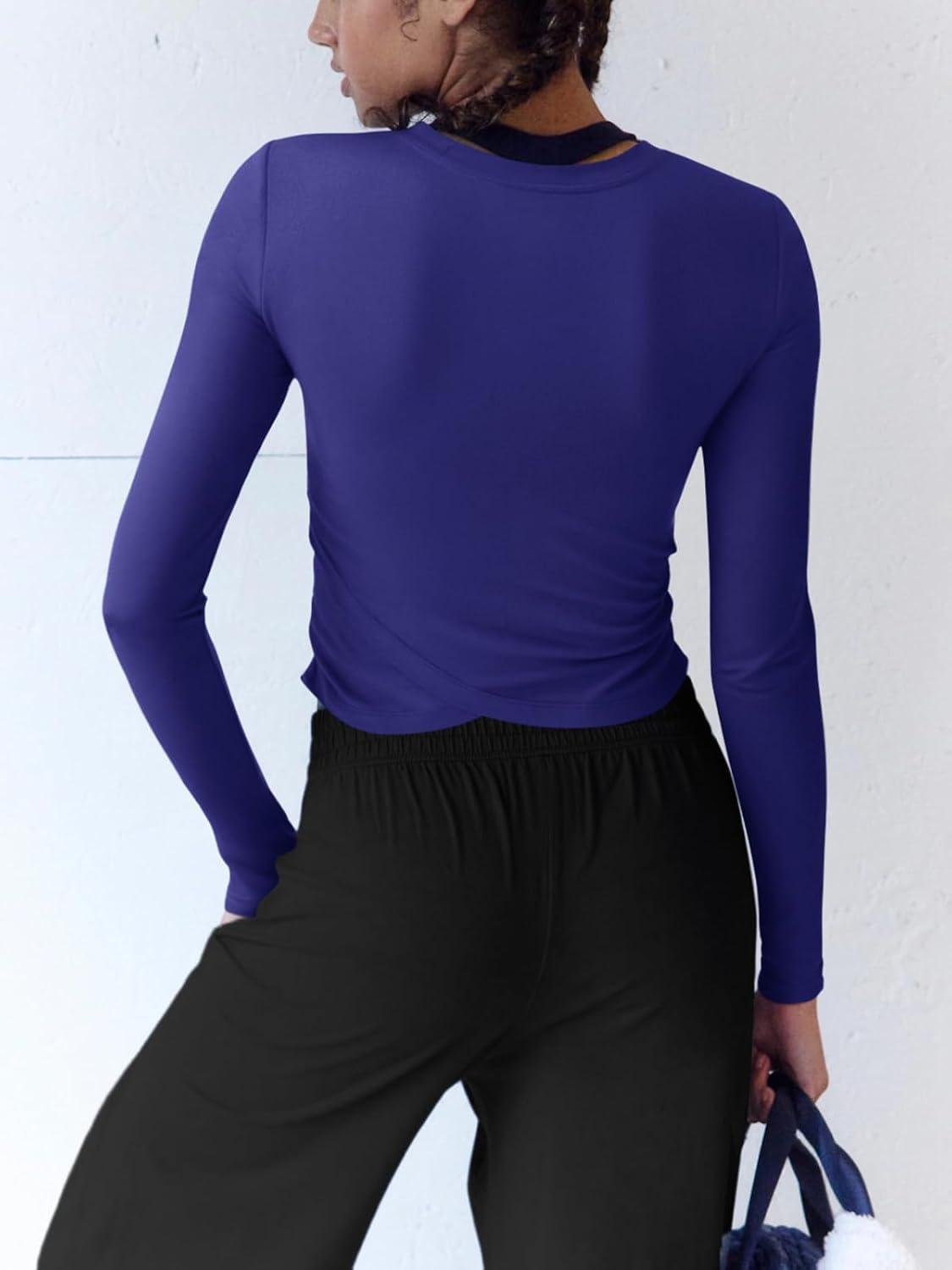 imageLASLULU Womens Sexy Crossover Crop Top Long Sleeve Workout Tops Crewneck Athletic Yoga TShirts Fall OutfitsNavy Blue