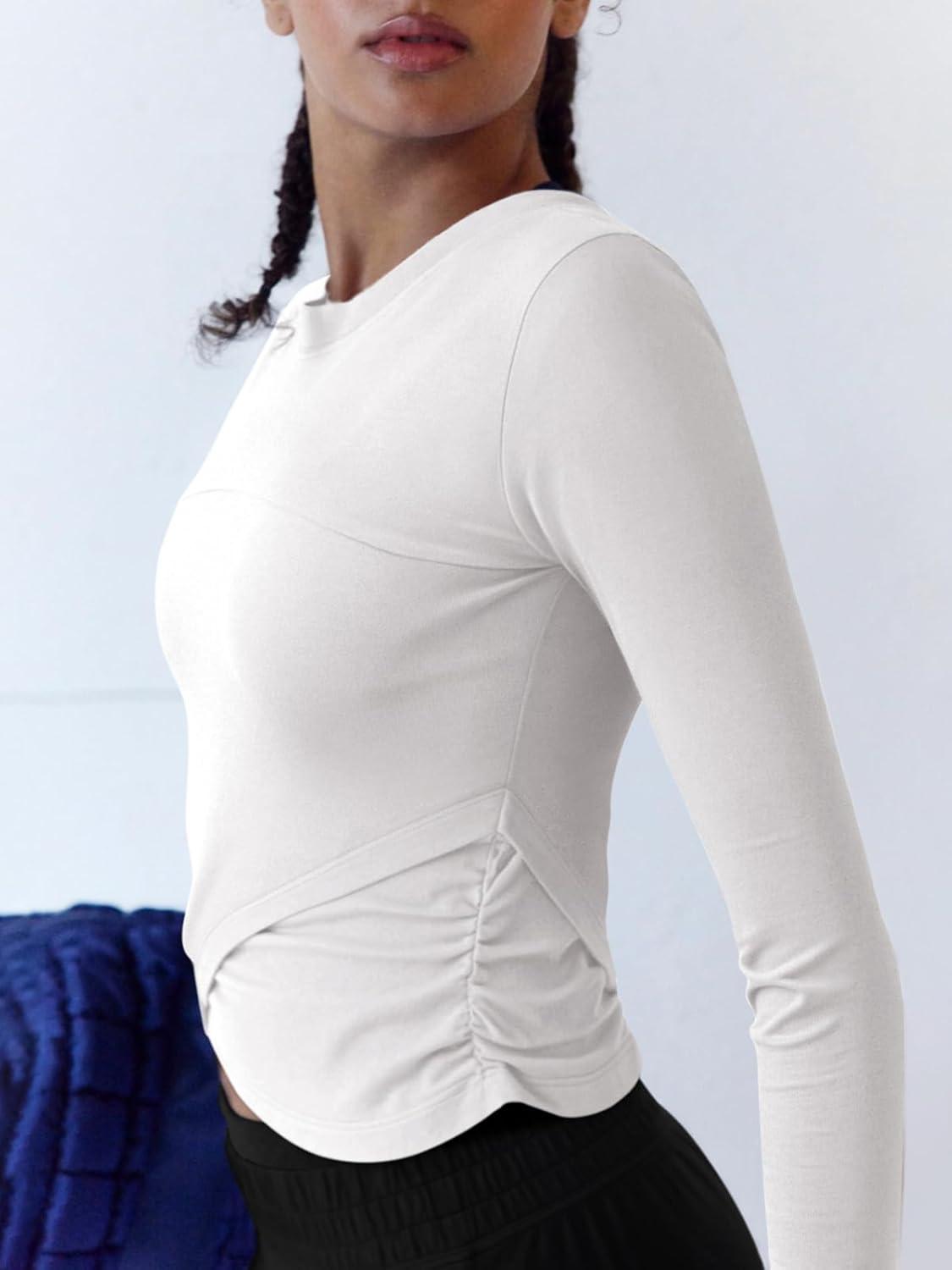 imageLASLULU Womens Sexy Crossover Crop Top Long Sleeve Workout Tops Crewneck Athletic Yoga TShirts Fall OutfitsWhite