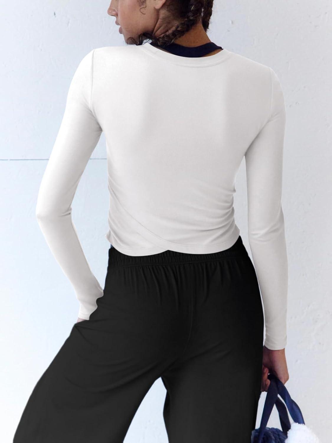 imageLASLULU Womens Sexy Crossover Crop Top Long Sleeve Workout Tops Crewneck Athletic Yoga TShirts Fall OutfitsWhite
