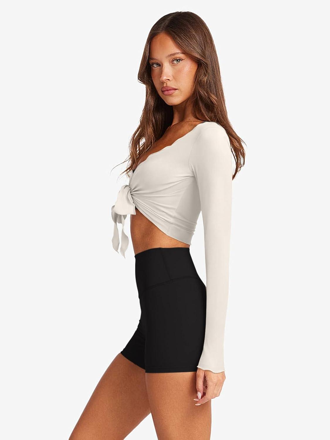 imageLASLULU Womens Tie Front Wrap Tops Long Sleeve Bolero Shrugs Crop Cardigan Yoga Ballet Cover up Tops Pilates OutfitsBeige