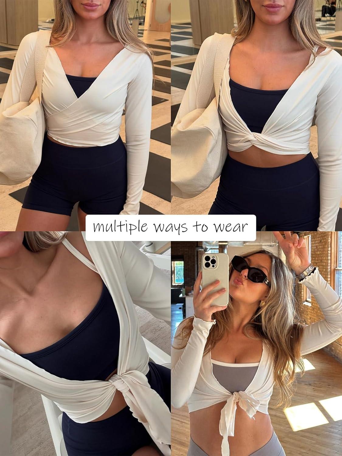 imageLASLULU Womens Tie Front Wrap Tops Long Sleeve Bolero Shrugs Crop Cardigan Yoga Ballet Cover up Tops Pilates OutfitsBeige