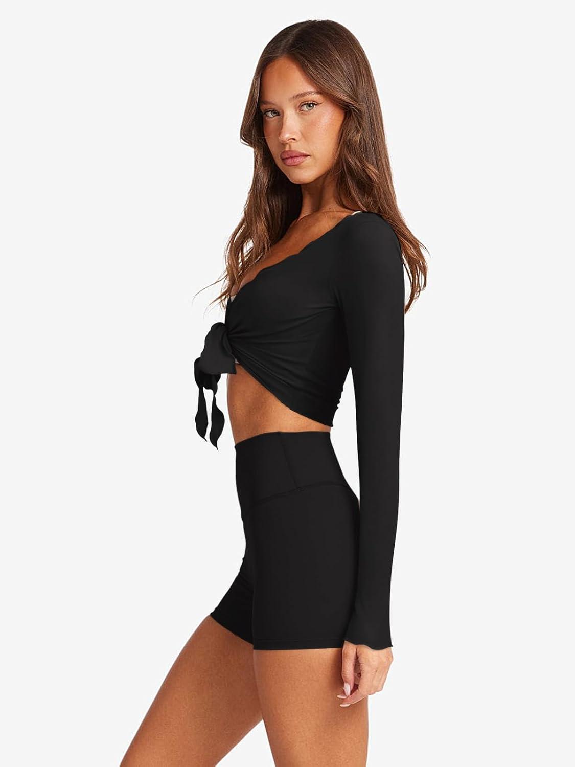 imageLASLULU Womens Tie Front Wrap Tops Long Sleeve Bolero Shrugs Crop Cardigan Yoga Ballet Cover up Tops Pilates OutfitsBlack