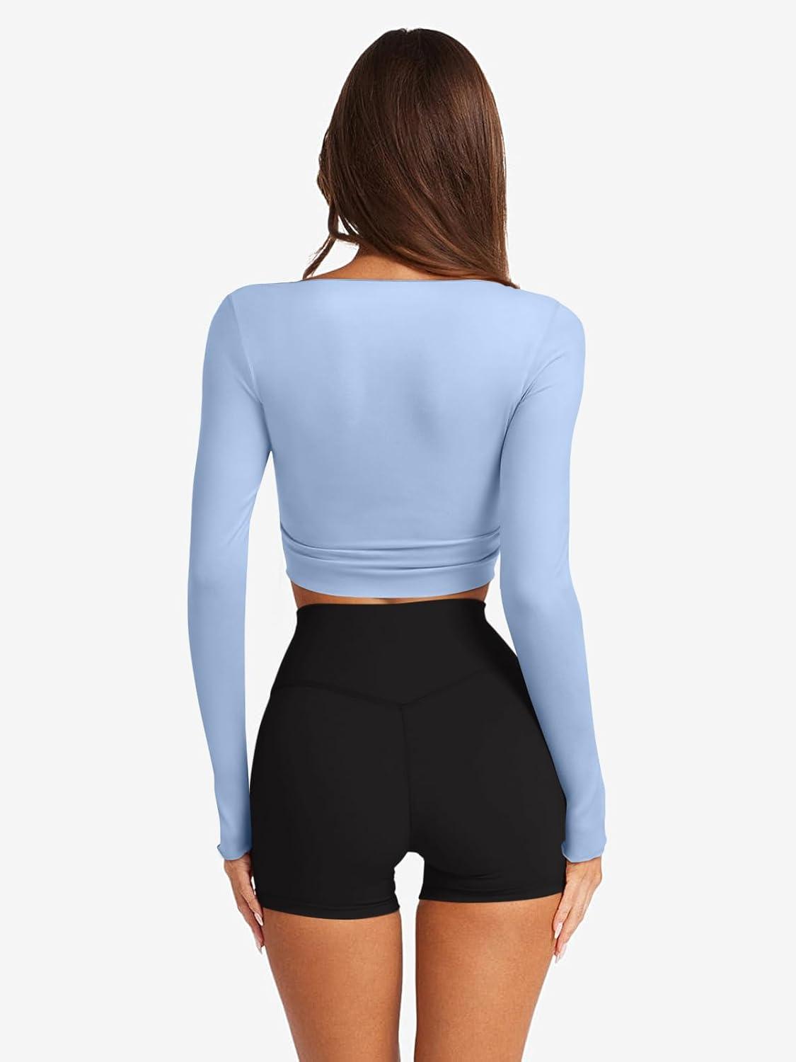 imageLASLULU Womens Tie Front Wrap Tops Long Sleeve Bolero Shrugs Crop Cardigan Yoga Ballet Cover up Tops Pilates OutfitsLight Blue
