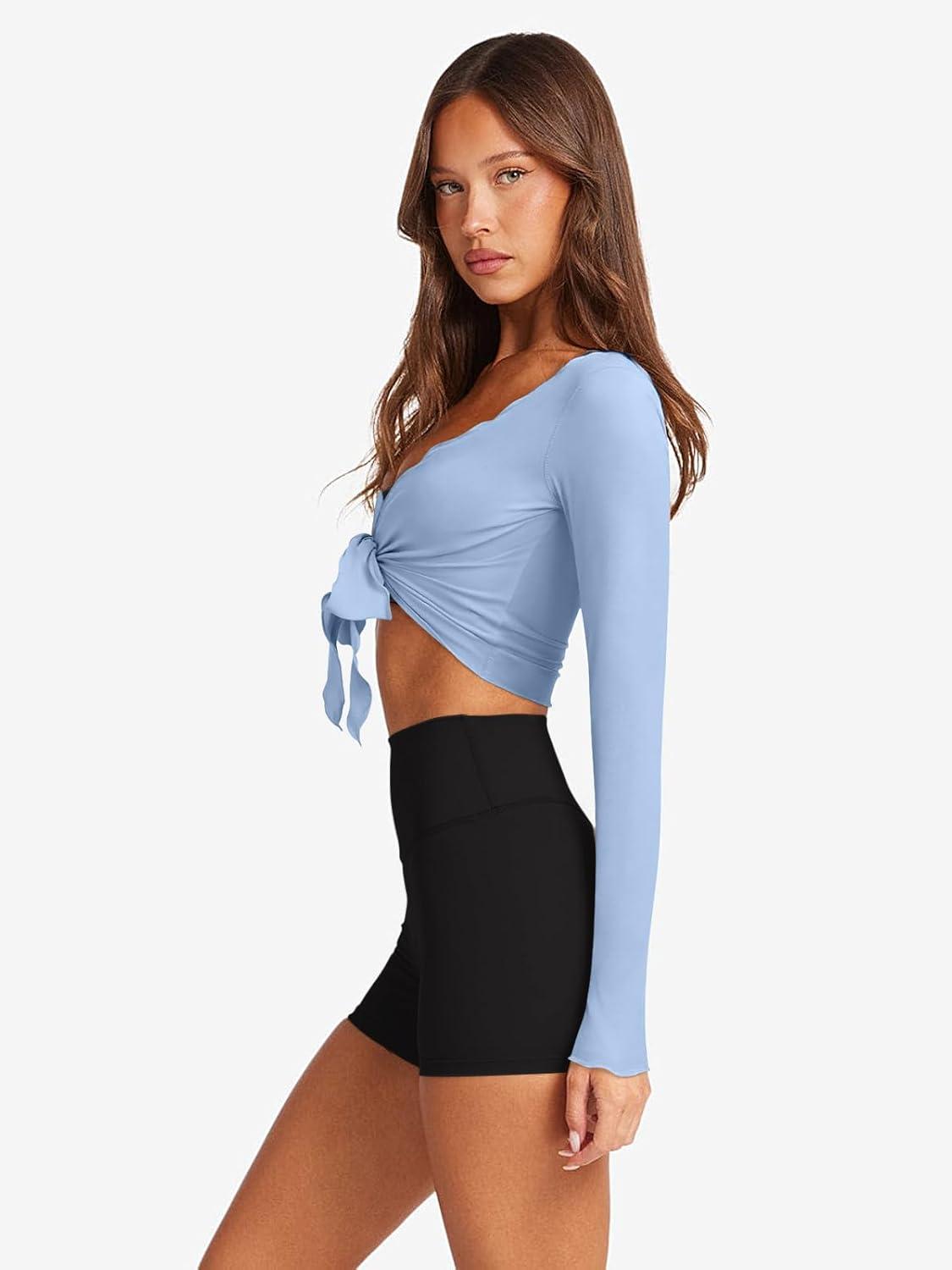 imageLASLULU Womens Tie Front Wrap Tops Long Sleeve Bolero Shrugs Crop Cardigan Yoga Ballet Cover up Tops Pilates OutfitsLight Blue