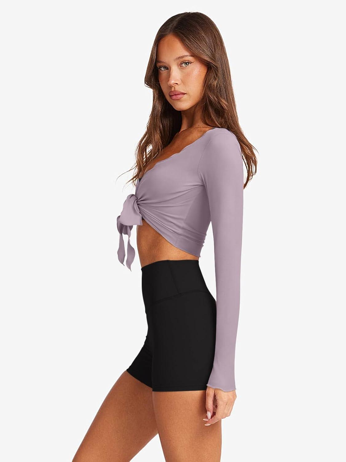 imageLASLULU Womens Tie Front Wrap Tops Long Sleeve Bolero Shrugs Crop Cardigan Yoga Ballet Cover up Tops Pilates OutfitsLight Purple