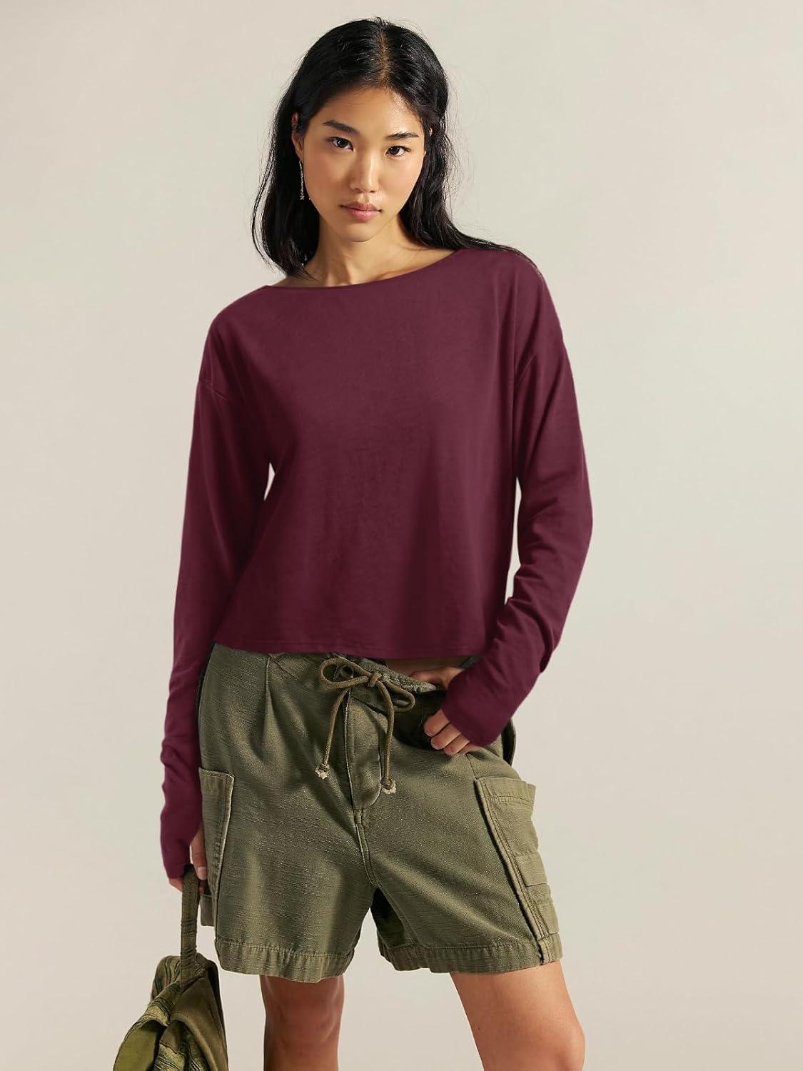 imageLASLULU Womenss Workout Tops Long Sleeve Lightweight Athletic Running Exercise Gym Yoga Hiking Tops ShirtsBurgundy