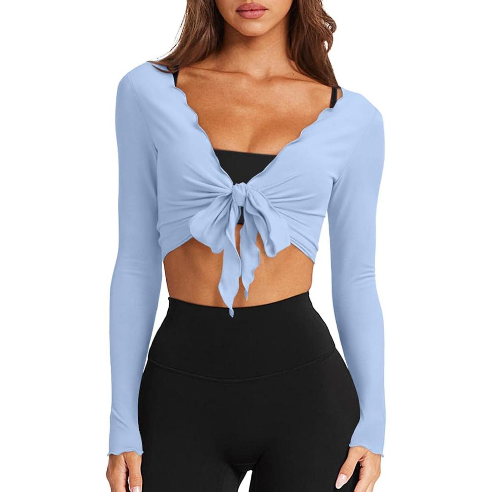 imageLASLULU Womens Tie Front Wrap Tops Long Sleeve Bolero Shrugs Crop Cardigan Yoga Ballet Cover up Tops Pilates OutfitsLight Blue