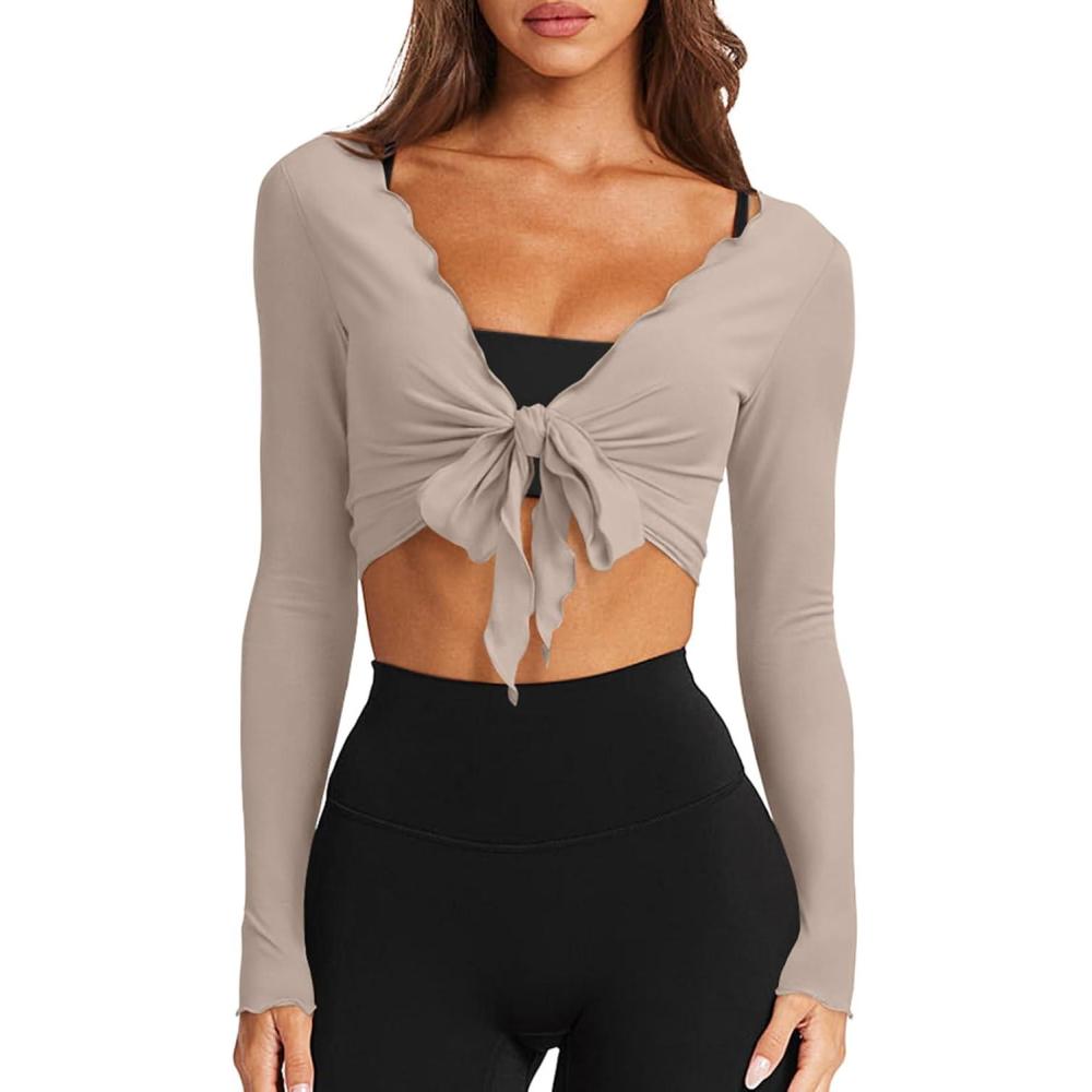 imageLASLULU Womens Tie Front Wrap Tops Long Sleeve Bolero Shrugs Crop Cardigan Yoga Ballet Cover up Tops Pilates OutfitsLight Coffee