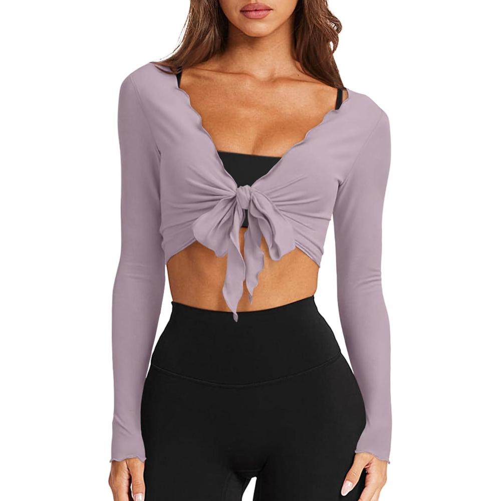 imageLASLULU Womens Tie Front Wrap Tops Long Sleeve Bolero Shrugs Crop Cardigan Yoga Ballet Cover up Tops Pilates OutfitsLight Purple