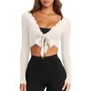 imageLASLULU Womens Tie Front Wrap Tops Long Sleeve Bolero Shrugs Crop Cardigan Yoga Ballet Cover up Tops Pilates OutfitsBeige