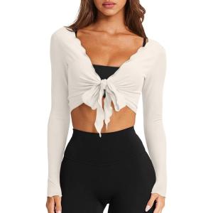 imageLASLULU Womens Tie Front Wrap Tops Long Sleeve Bolero Shrugs Crop Cardigan Yoga Ballet Cover up Tops Pilates OutfitsBeige