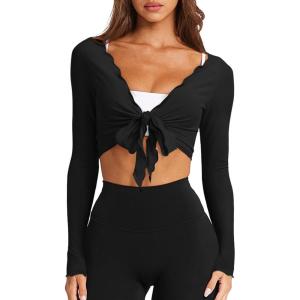 imageLASLULU Womens Tie Front Wrap Tops Long Sleeve Bolero Shrugs Crop Cardigan Yoga Ballet Cover up Tops Pilates OutfitsBlack