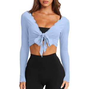 imageLASLULU Womens Tie Front Wrap Tops Long Sleeve Bolero Shrugs Crop Cardigan Yoga Ballet Cover up Tops Pilates OutfitsLight Blue