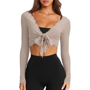imageLASLULU Womens Tie Front Wrap Tops Long Sleeve Bolero Shrugs Crop Cardigan Yoga Ballet Cover up Tops Pilates OutfitsLight Coffee