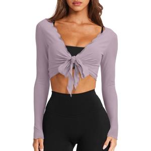 imageLASLULU Womens Tie Front Wrap Tops Long Sleeve Bolero Shrugs Crop Cardigan Yoga Ballet Cover up Tops Pilates OutfitsLight Purple