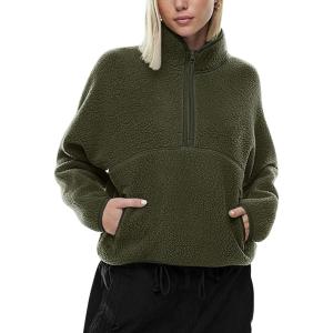 imageLASLULU Womens Half Zip Pullover Cropped Sweatshirts Sherpa Fleece Jacket Fuzzy Sweaters Cute Winter Jackets with PocketsArmy Green