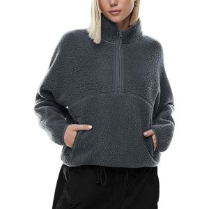 imageLASLULU Womens Half Zip Pullover Cropped Sweatshirts Sherpa Fleece Jacket Fuzzy Sweaters Cute Winter Jackets with PocketsDark Grey