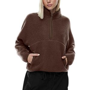 imageLASLULU Womens Half Zip Pullover Cropped Sweatshirts Sherpa Fleece Jacket Fuzzy Sweaters Cute Winter Jackets with PocketsEspresso