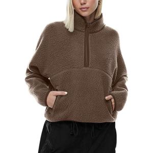 imageLASLULU Womens Half Zip Pullover Cropped Sweatshirts Sherpa Fleece Jacket Fuzzy Sweaters Cute Winter Jackets with PocketsGravel
