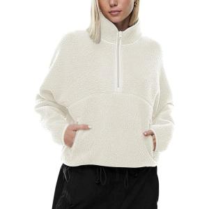 imageLASLULU Womens Half Zip Pullover Cropped Sweatshirts Sherpa Fleece Jacket Fuzzy Sweaters Cute Winter Jackets with PocketsIvory
