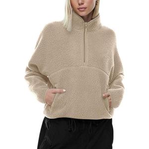 imageLASLULU Womens Half Zip Pullover Cropped Sweatshirts Sherpa Fleece Jacket Fuzzy Sweaters Cute Winter Jackets with PocketsKhaki