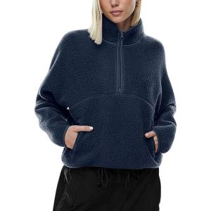 imageLASLULU Womens Half Zip Pullover Cropped Sweatshirts Sherpa Fleece Jacket Fuzzy Sweaters Cute Winter Jackets with PocketsNavy Blue