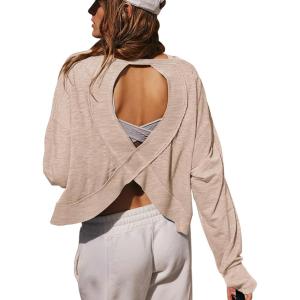 imageLASLULU Womens Open Back Long Sleeve Workout Tops Athletic Shirts Boat Neck Casual Running Tee Y2k Yoga Gym TopsApricot