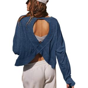 imageLASLULU Womens Open Back Long Sleeve Workout Tops Athletic Shirts Boat Neck Casual Running Tee Y2k Yoga Gym TopsDark Blue