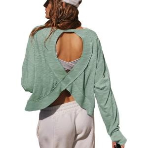 imageLASLULU Womens Open Back Long Sleeve Workout Tops Athletic Shirts Boat Neck Casual Running Tee Y2k Yoga Gym TopsLight Green