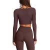 imageLASLULU Womens Sexy Square Neck Crop Top Ribbed Seamless Long Sleeve Workout Tops Halter Neck Athletic YogaCoffee