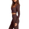 imageLASLULU Womens Sexy Square Neck Crop Top Ribbed Seamless Long Sleeve Workout Tops Halter Neck Athletic YogaCoffee