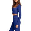 imageLASLULU Womens Sexy Square Neck Crop Top Ribbed Seamless Long Sleeve Workout Tops Halter Neck Athletic YogaKlein Blue