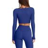 imageLASLULU Womens Sexy Square Neck Crop Top Ribbed Seamless Long Sleeve Workout Tops Halter Neck Athletic YogaKlein Blue