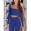 imageLASLULU Womens Sexy Square Neck Crop Top Ribbed Seamless Long Sleeve Workout Tops Halter Neck Athletic YogaKlein Blue