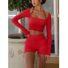 imageLASLULU Womens Sexy Square Neck Crop Top Ribbed Seamless Long Sleeve Workout Tops Halter Neck Athletic YogaRed