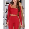 imageLASLULU Womens Sexy Square Neck Crop Top Ribbed Seamless Long Sleeve Workout Tops Halter Neck Athletic YogaRed