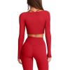 imageLASLULU Womens Sexy Square Neck Crop Top Ribbed Seamless Long Sleeve Workout Tops Halter Neck Athletic YogaRed