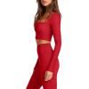 imageLASLULU Womens Sexy Square Neck Crop Top Ribbed Seamless Long Sleeve Workout Tops Halter Neck Athletic YogaRed