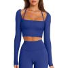 imageLASLULU Womens Sexy Square Neck Crop Top Ribbed Seamless Long Sleeve Workout Tops Halter Neck Athletic YogaKlein Blue