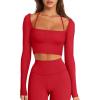 imageLASLULU Womens Sexy Square Neck Crop Top Ribbed Seamless Long Sleeve Workout Tops Halter Neck Athletic YogaRed