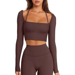 imageLASLULU Womens Sexy Square Neck Crop Top Ribbed Seamless Long Sleeve Workout Tops Halter Neck Athletic YogaCoffee