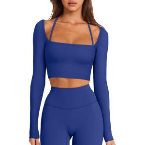 imageLASLULU Womens Sexy Square Neck Crop Top Ribbed Seamless Long Sleeve Workout Tops Halter Neck Athletic YogaKlein Blue