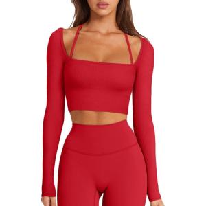 imageLASLULU Womens Sexy Square Neck Crop Top Ribbed Seamless Long Sleeve Workout Tops Halter Neck Athletic YogaRed