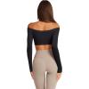imageLASLULU Womens Off The Shoulder Tops Seamless Long Sleeve Workout Crop Top Sexy Gym Yoga Going Out Tops ShirtsBlack