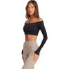 imageLASLULU Womens Off The Shoulder Tops Seamless Long Sleeve Workout Crop Top Sexy Gym Yoga Going Out Tops ShirtsBlack