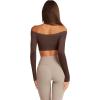 imageLASLULU Womens Off The Shoulder Tops Seamless Long Sleeve Workout Crop Top Sexy Gym Yoga Going Out Tops ShirtsCoffee