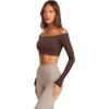 imageLASLULU Womens Off The Shoulder Tops Seamless Long Sleeve Workout Crop Top Sexy Gym Yoga Going Out Tops ShirtsCoffee